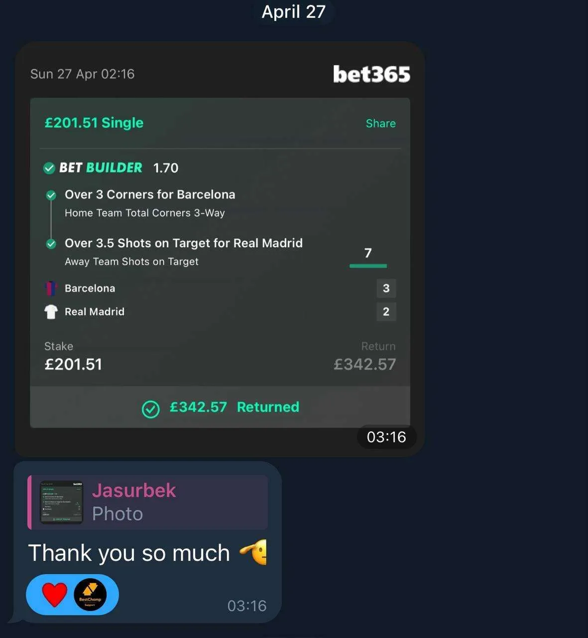BetSwiss member result